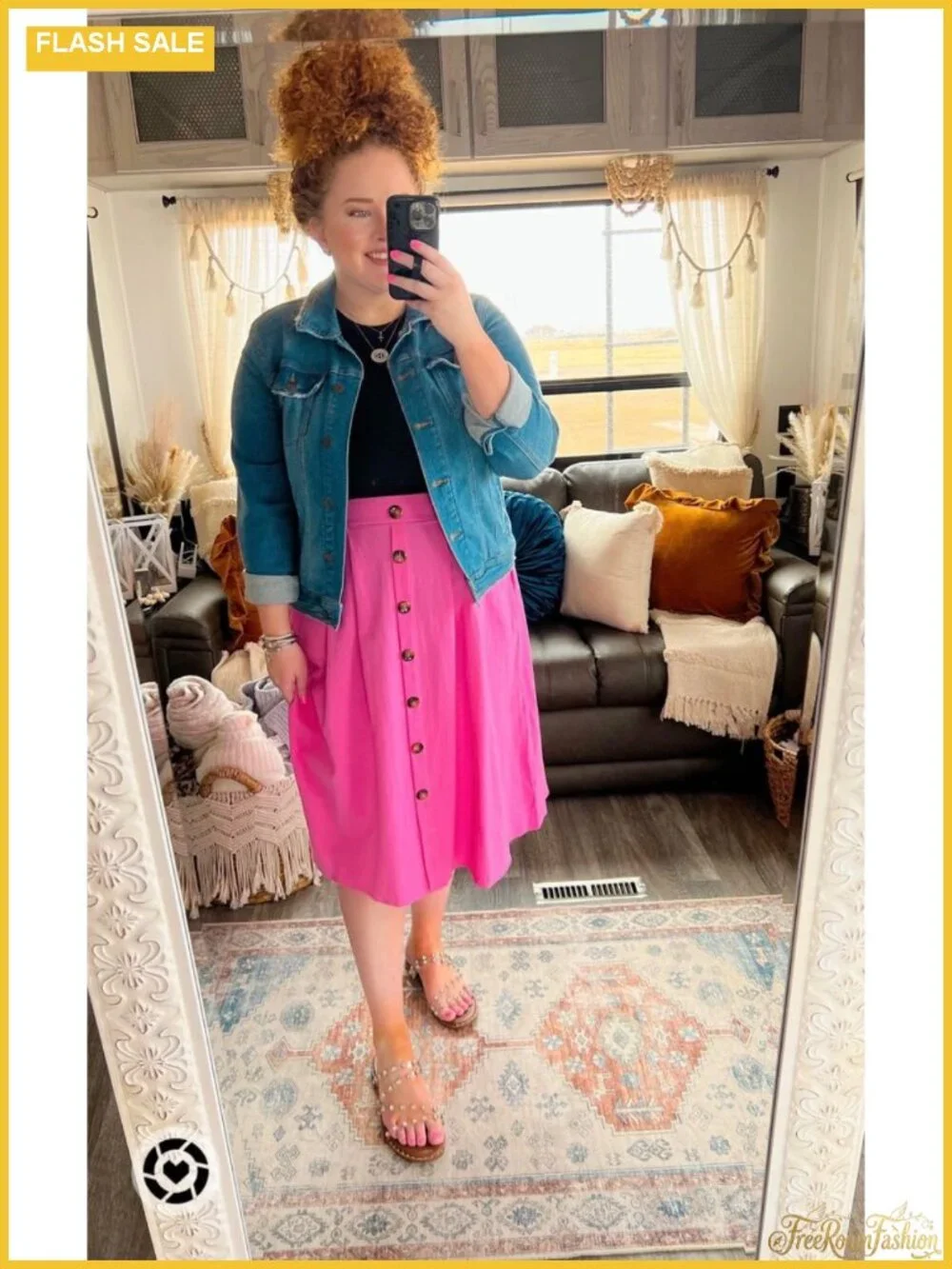 Women's High Waisted A-Line Midi Skirt with Pockets Casual Front Button